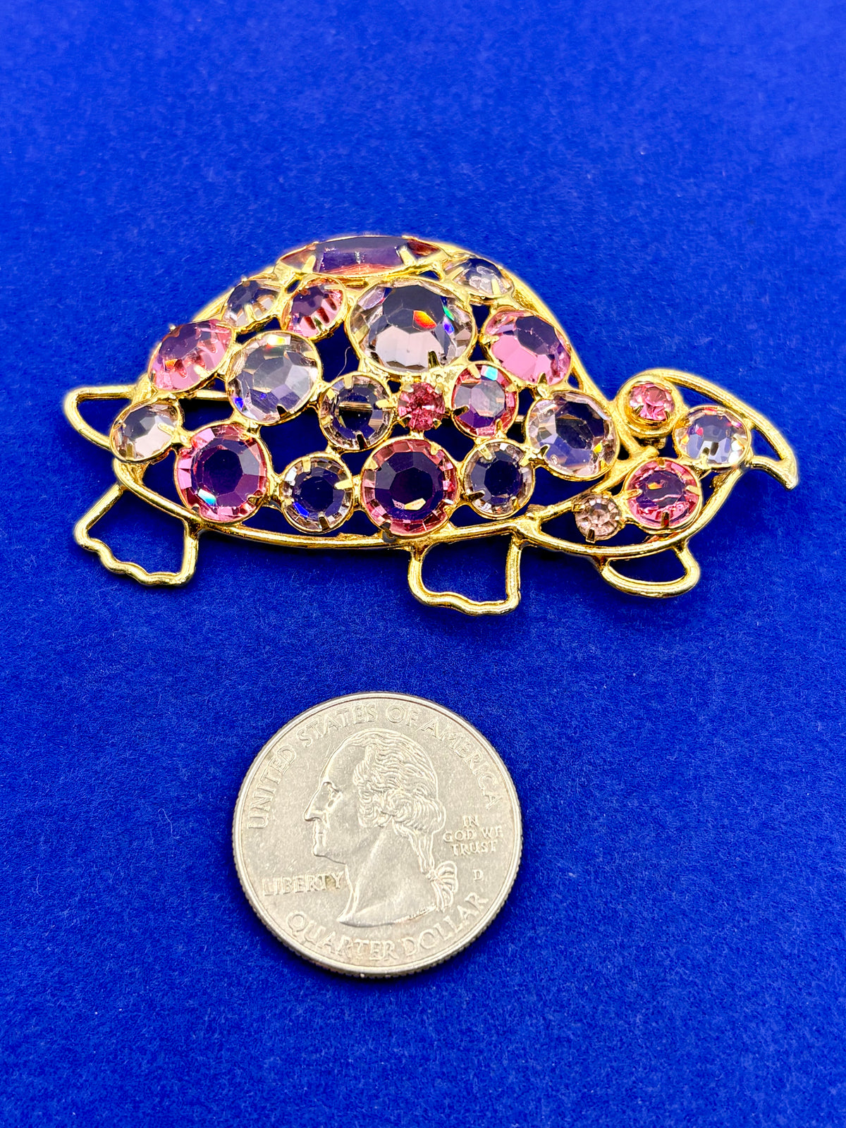 Vintage Gold Tone Pink & Purple Glass Rhinestone Turtle Brooch