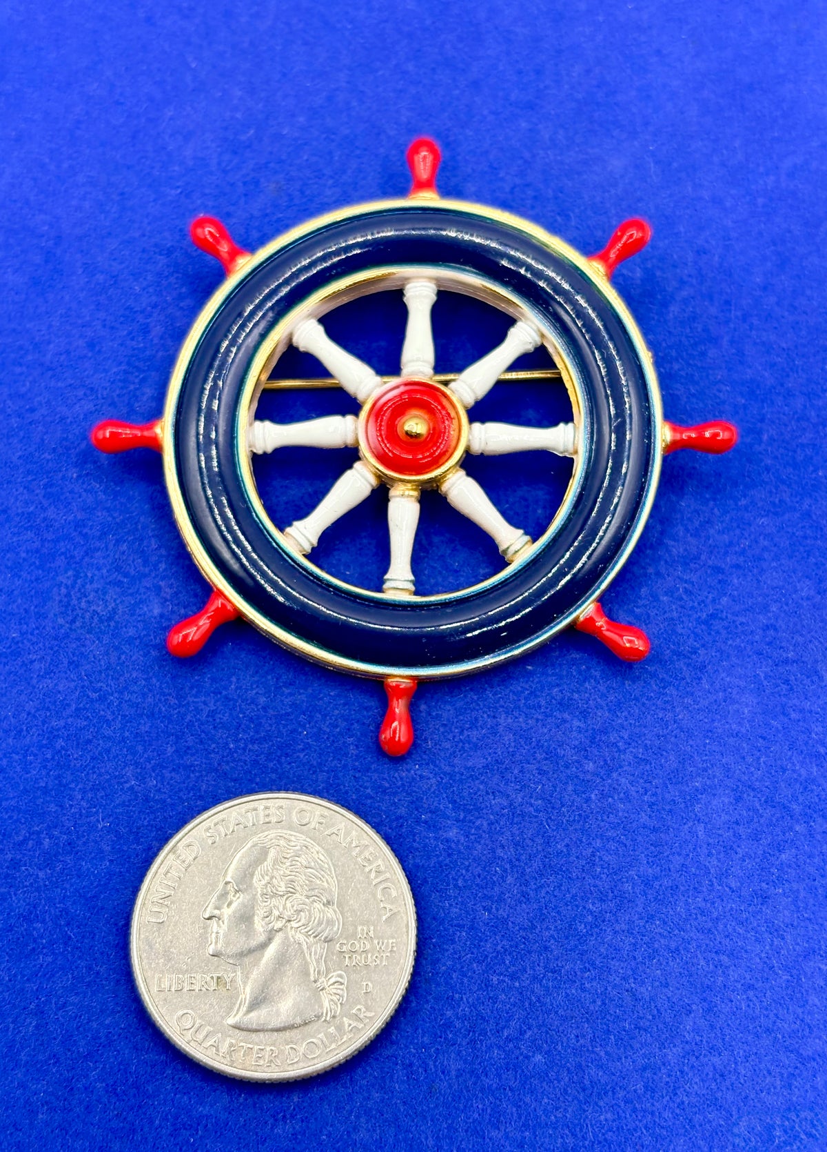 Vintage Red White & Blue Enamel Ships Wheel Gold Tone Brooch