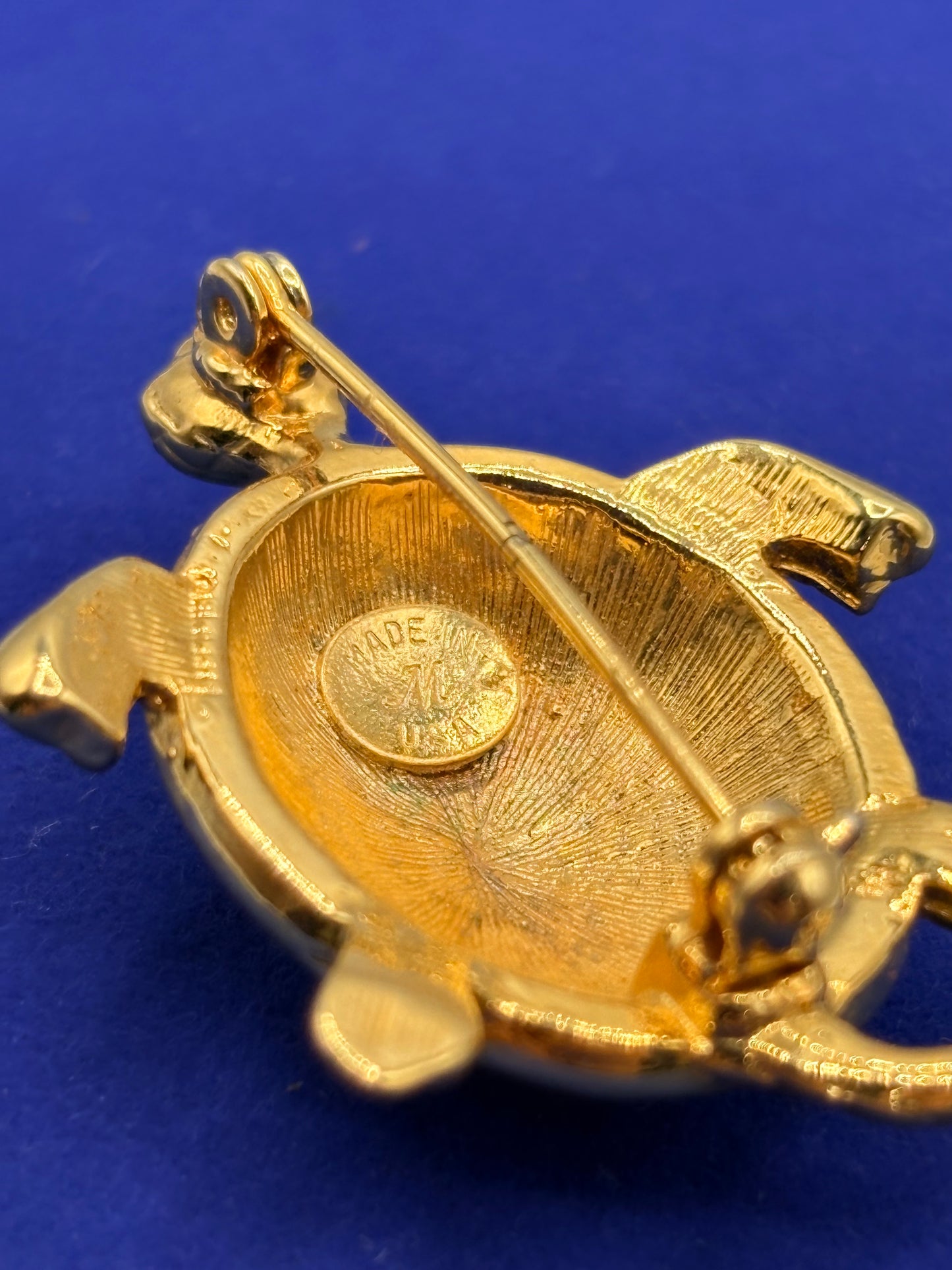 Vintage Designer M Clear Rhinestone Turtle Gold Tone Brooch