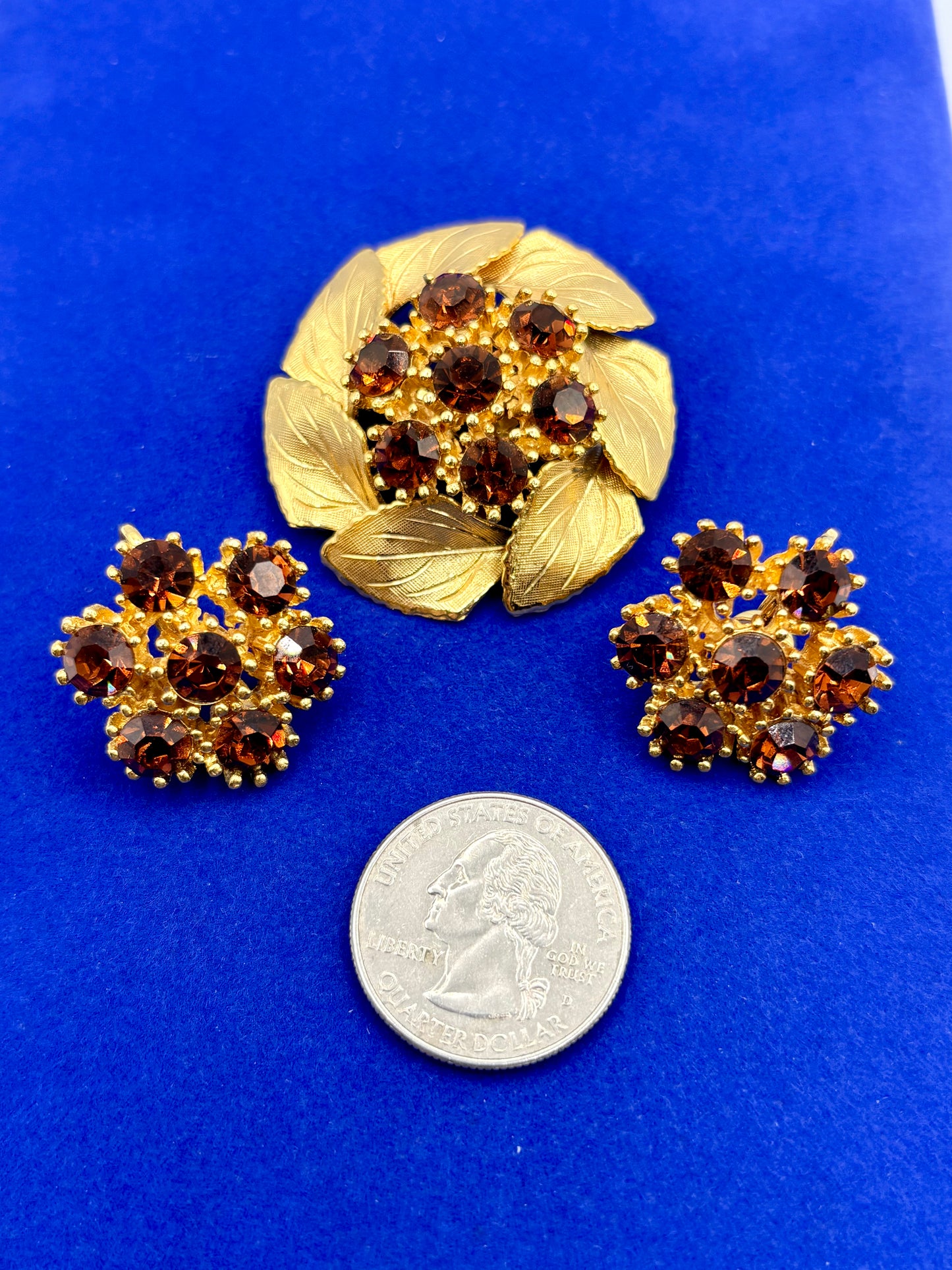 Vintage Gold Tone & Brown Rhinestone Jewelry Set