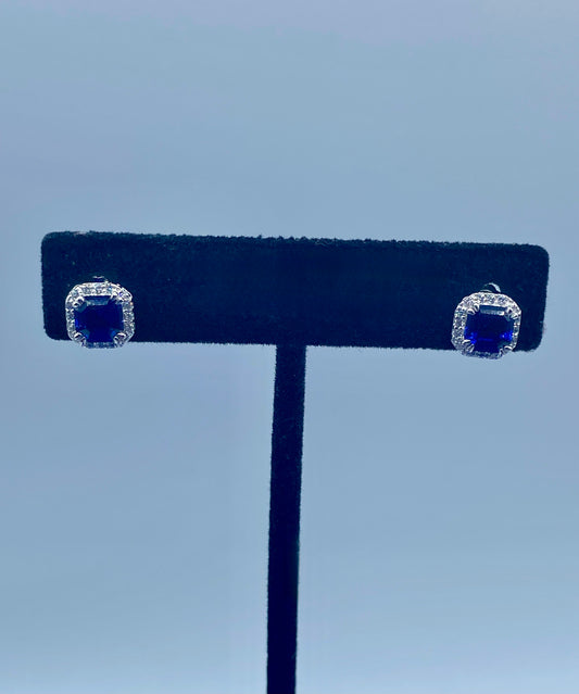 Sterling Silver Dark Blue Square Sapphire Stud Earrings