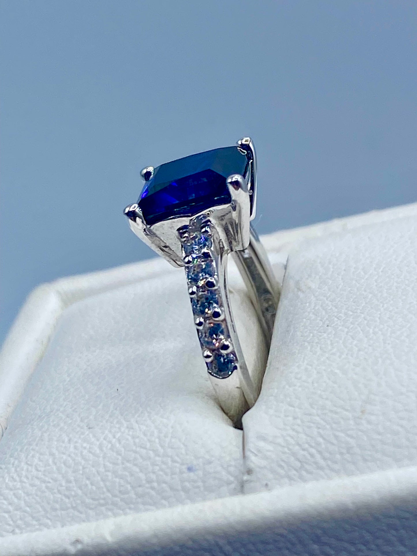 Sterling Silver Dark Blue Sapphire & CZ Ring