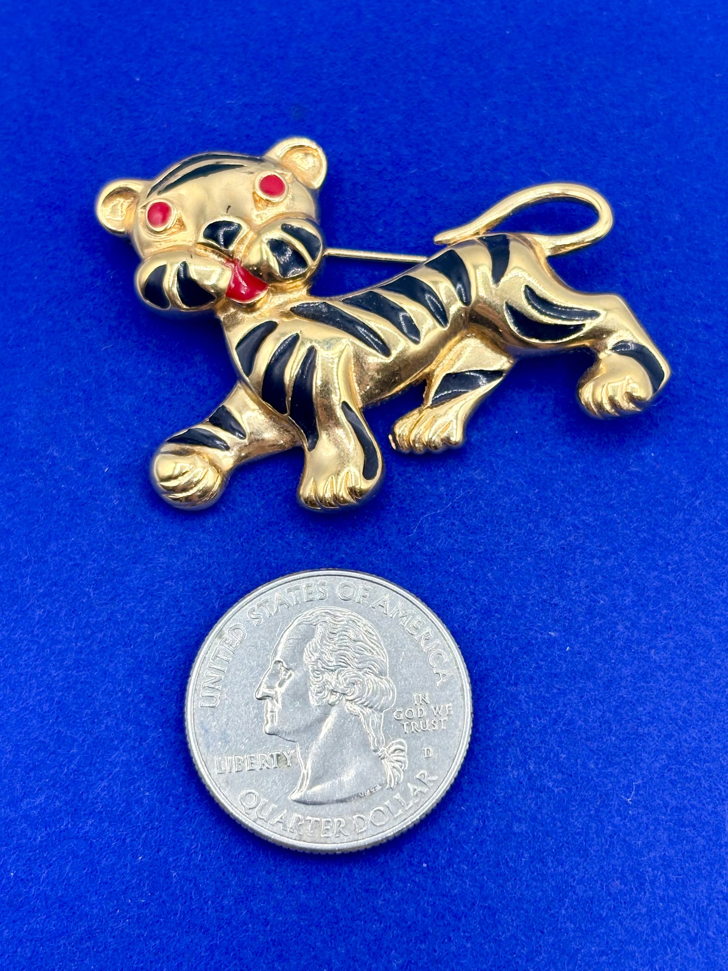 Vintage Monet Gold Tone Black & Red Enameled Tiger Brooch