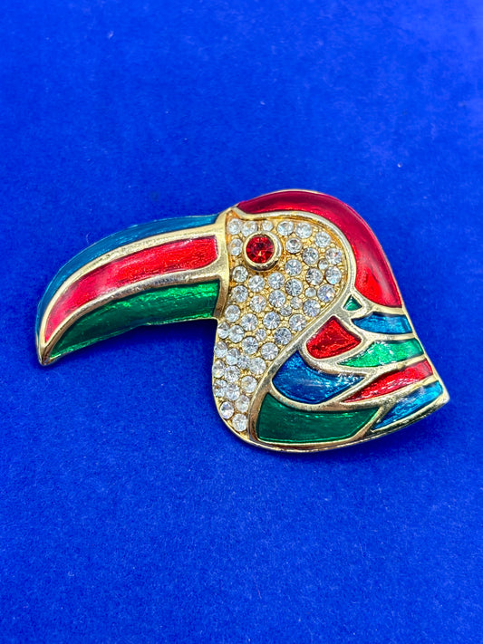 Gold Tone Enameled & Rhinestone Toucan Head Brooch