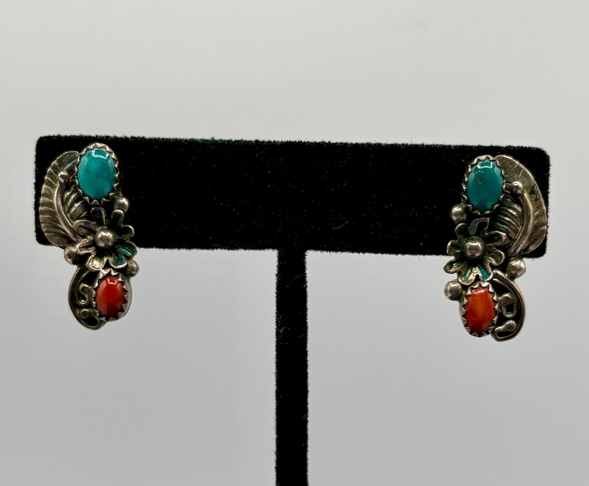 Sterling Silver Native Coral & Turquoise Floral Earrings