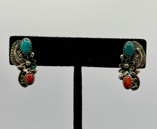 Sterling Silver Native Coral & Turquoise Floral Earrings