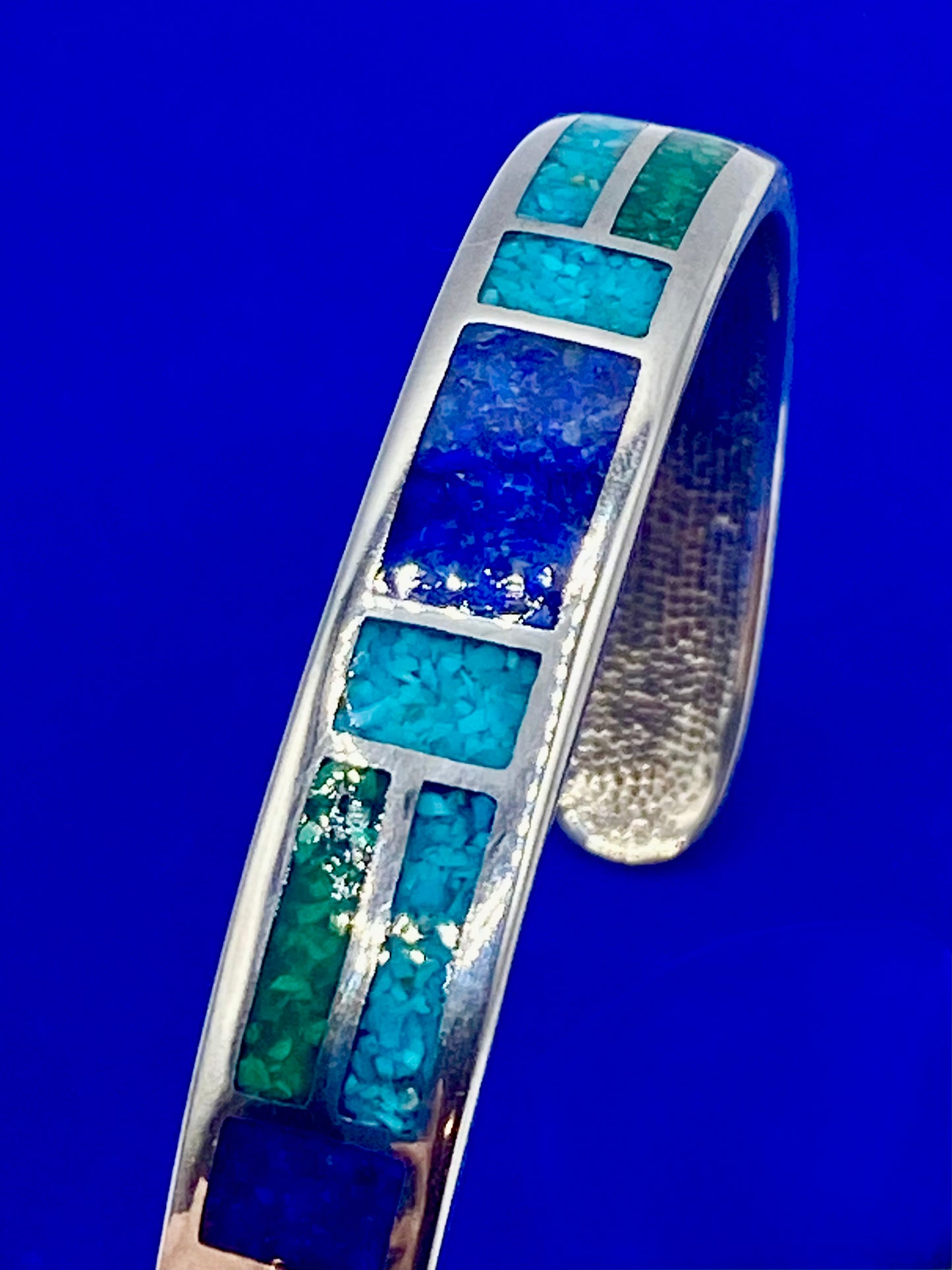 Sterling Silver Southwestern CCO Malachite Turquoise & Lapis Inlay Cuff Bracelet