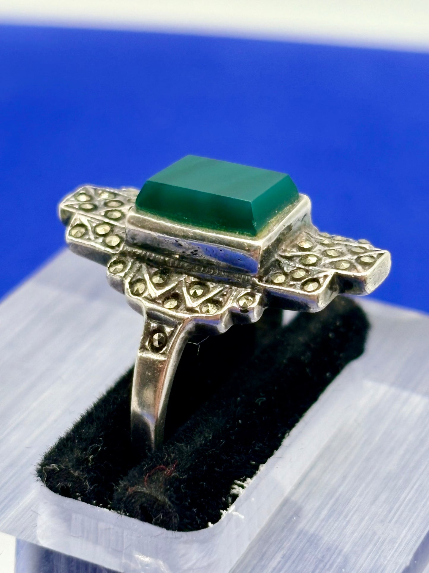 Sterling Silver Green Chrysoprase& Marcasite Ring