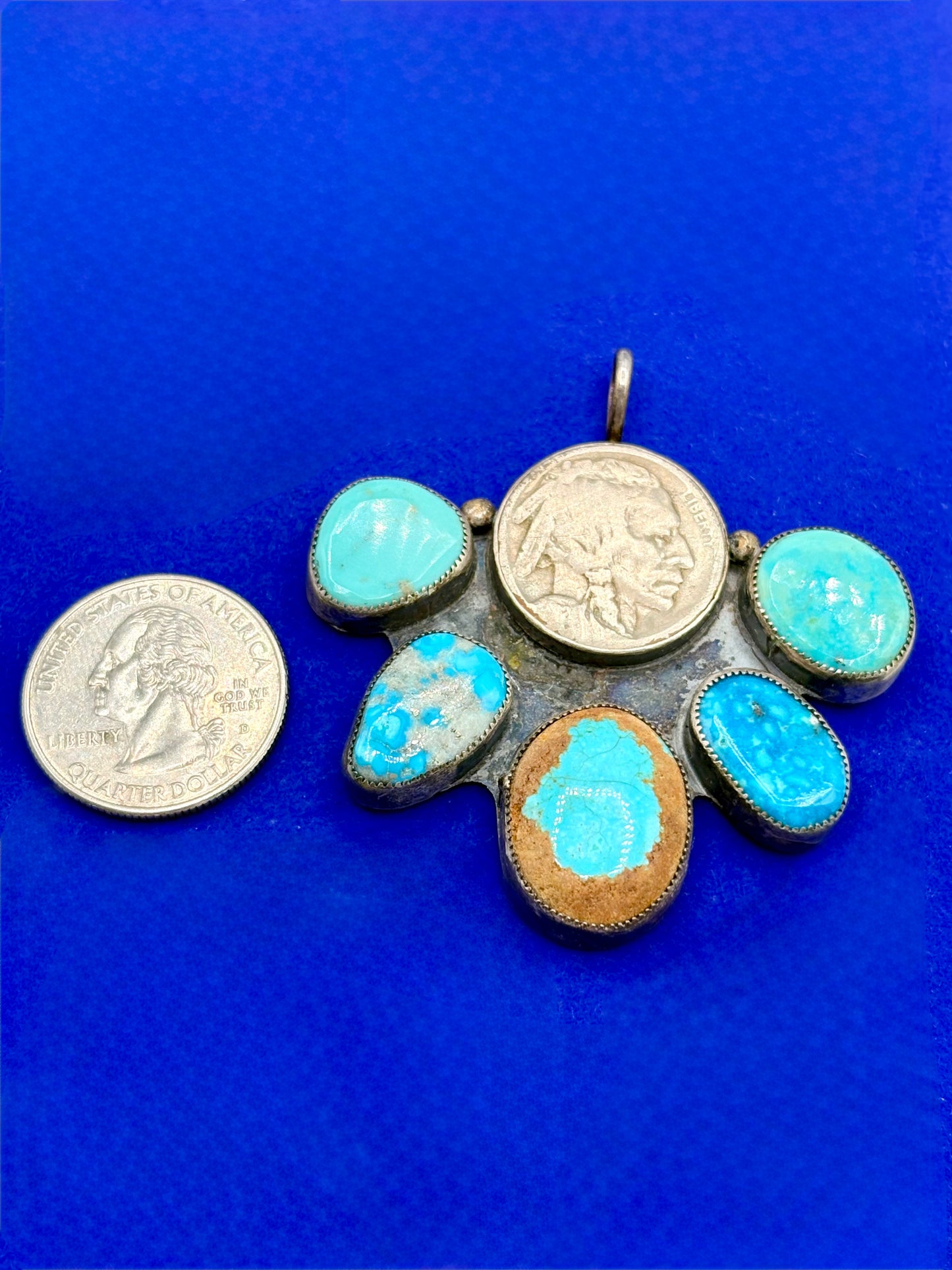 Sterling Silver Native Alice Me Shirley Buffalo Nickel & Multi Turquoise Pendant
