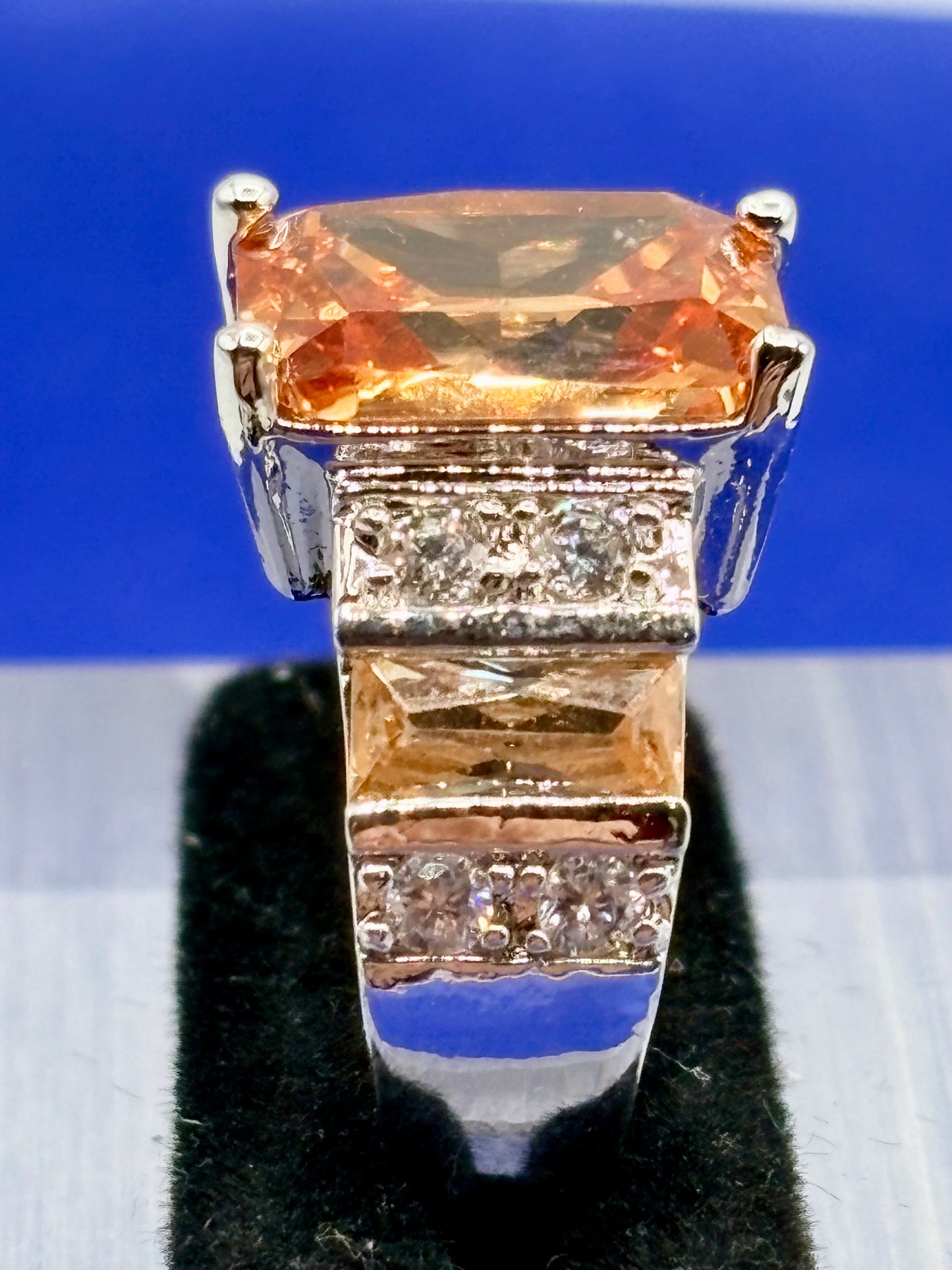 Orange & Clear Glass Silver Tone Costume Ring