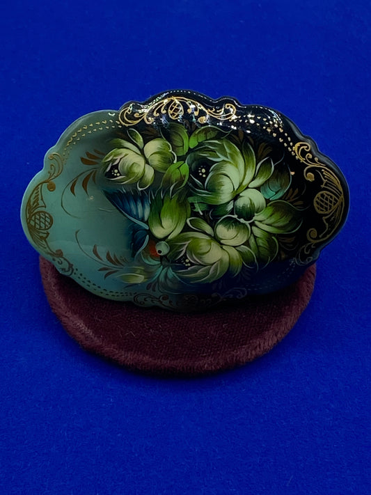 Vintage Hand Painted Signed Russian Lacquered Floral Brooch