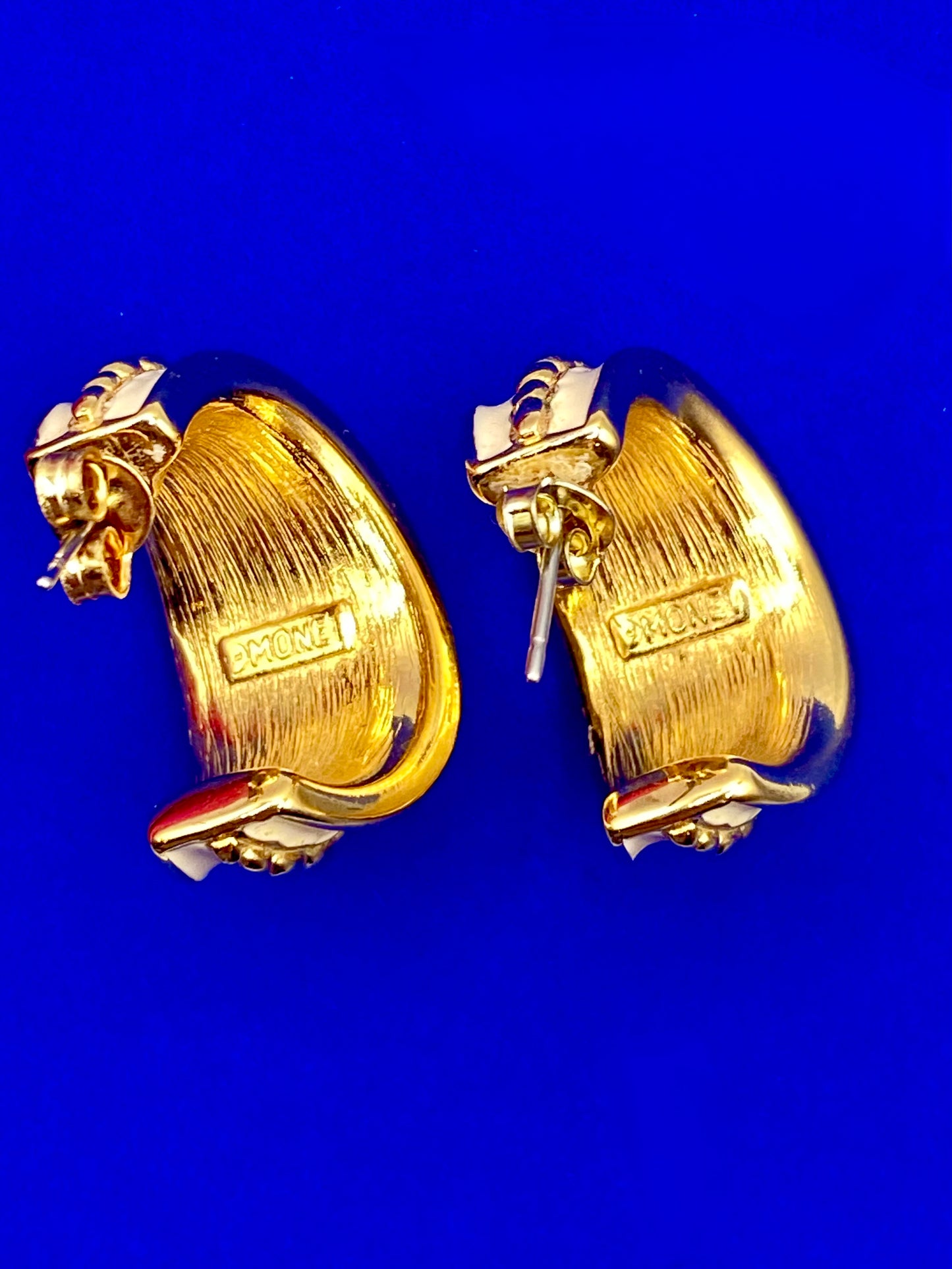 Monet White Enamel & Gold Tone Earrings