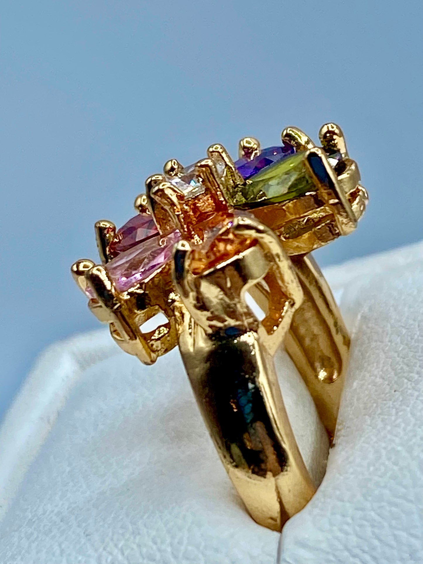 Gold Tone Floral Multi Color Glass Ring