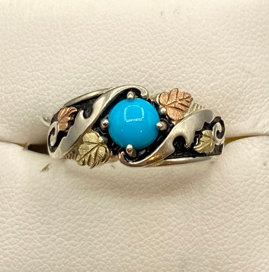 Vintage Sterling Silver Turquoise & Black Hills 12k Gold Ring