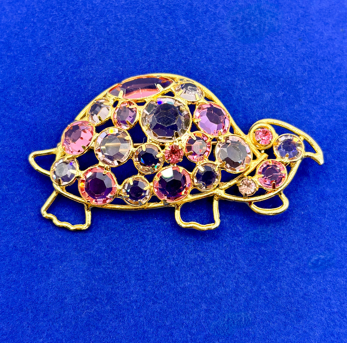 Vintage Gold Tone Pink & Purple Glass Rhinestone Turtle Brooch