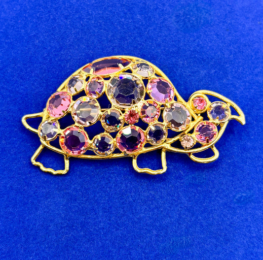 Vintage Gold Tone Pink & Purple Glass Rhinestone Turtle Brooch