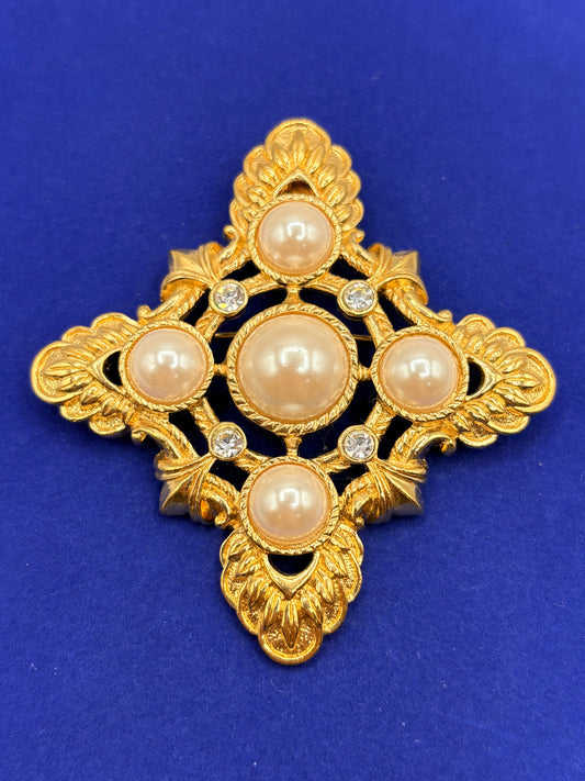 Gold Tone Pearl & Rhinestone KJL Avon Brooch/Pendant