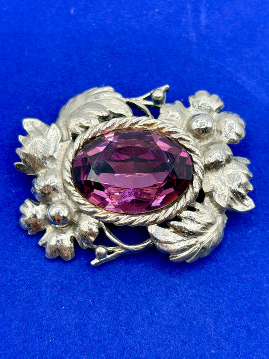 Vintage Silver Tone & Purple Glass Thistle Brooch