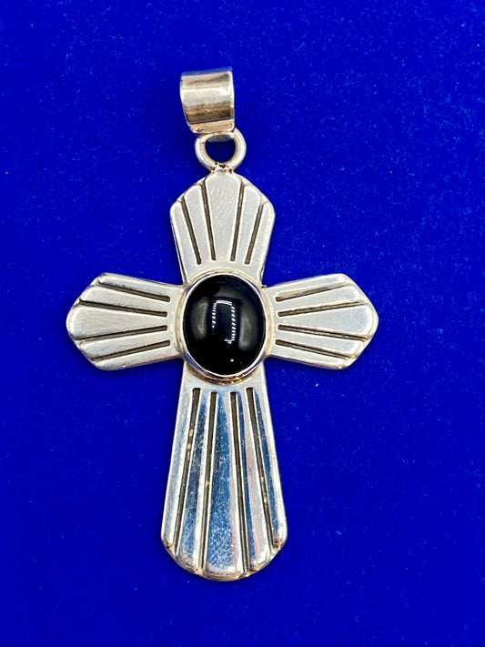 Vintage Sterling Silver Taxco Mexico Black Onyx Cross Pendant