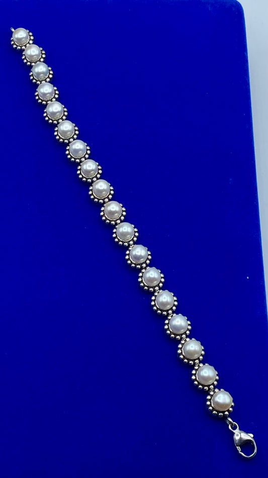 Freshwater Pearl Sterling Silver Gemstone Station Bracelet