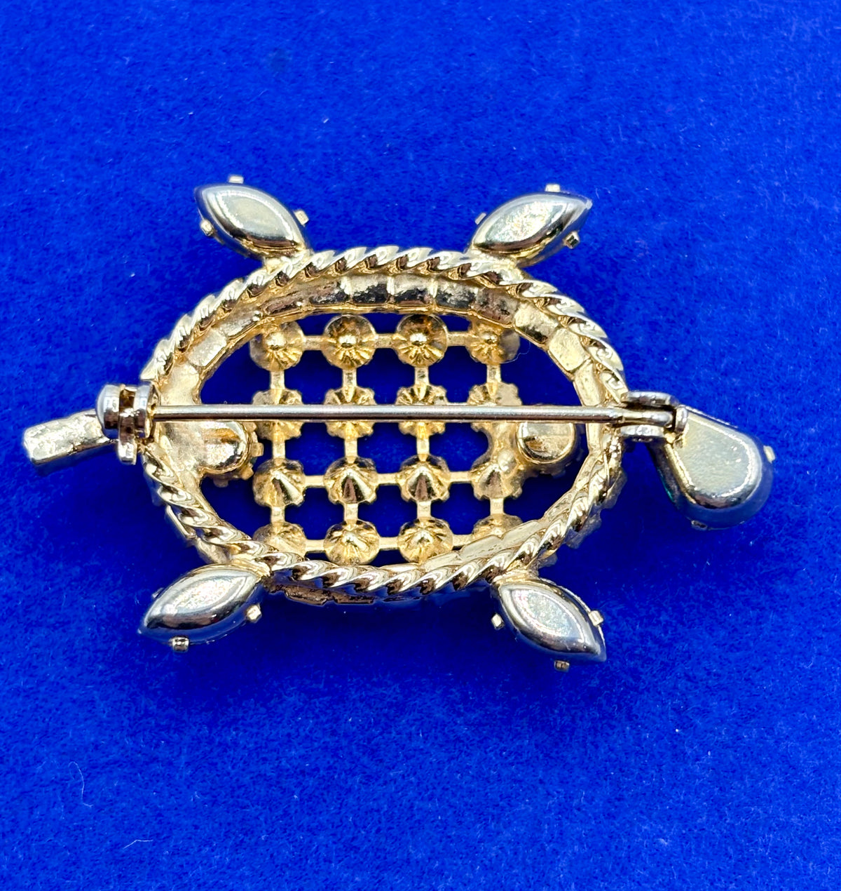 Vintage Gold Tone Uranium & Green Rhinestone Turtle Brooch