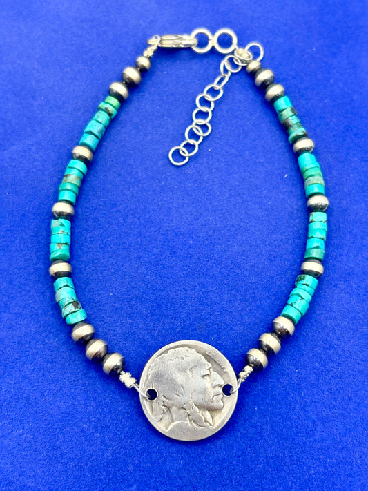 Sterling Silver & Turquoise Buffalo Nickel Bracelet