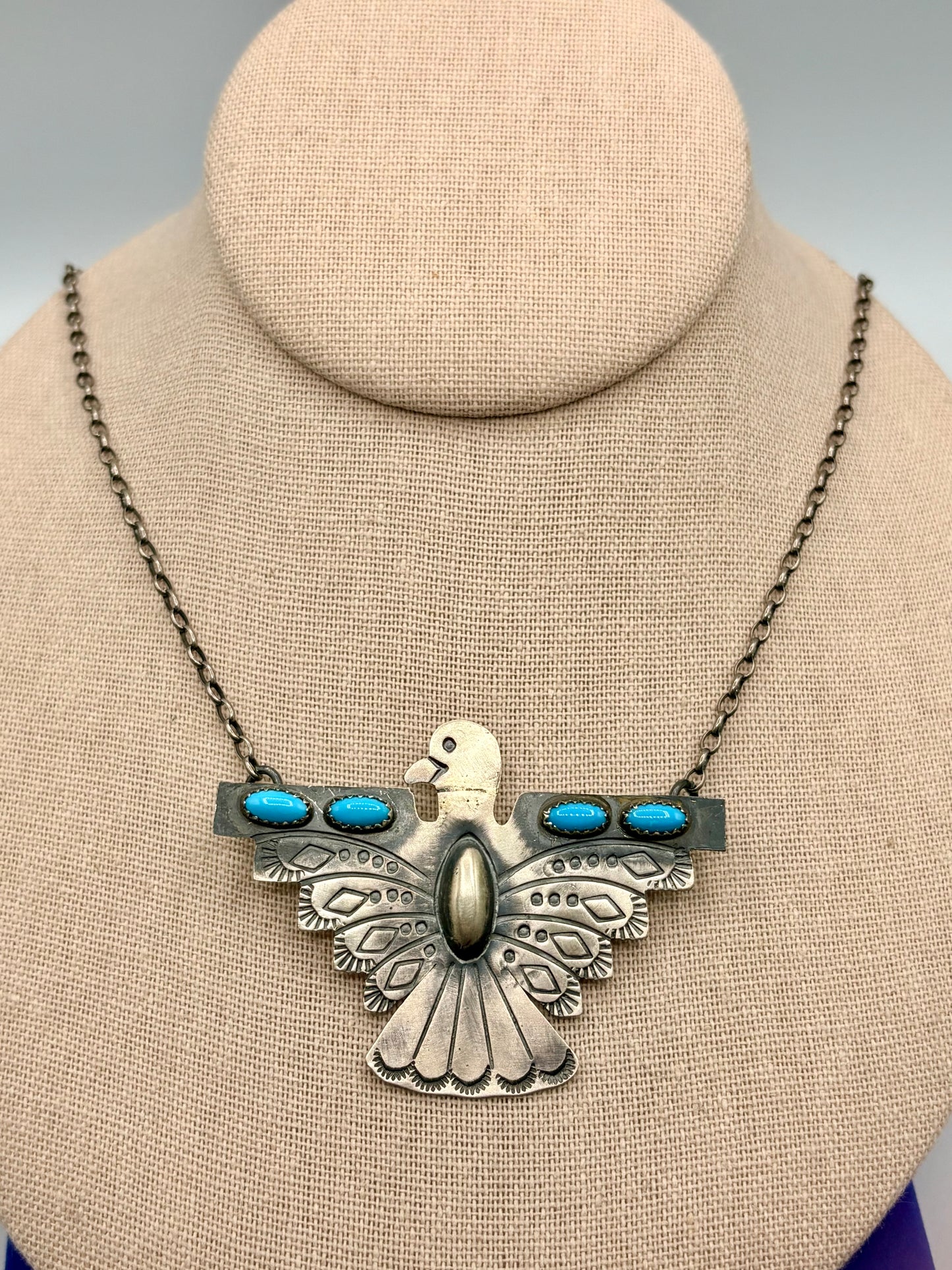 Sterling Silver Native Tim Yazzie Turquoise Thunderbird Necklace