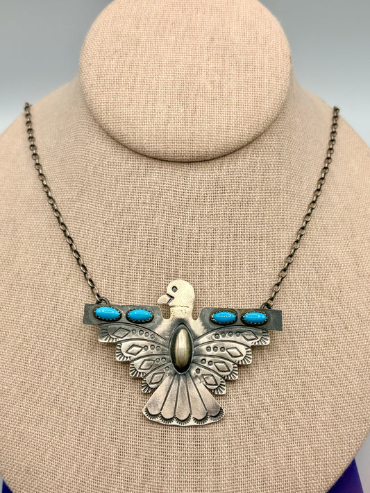 Sterling Silver Native Tim Yazzie Turquoise Thunderbird Necklace