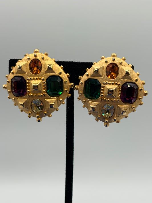 Vintage MARESCO Gold Tone Colorful Glass Clip Ons