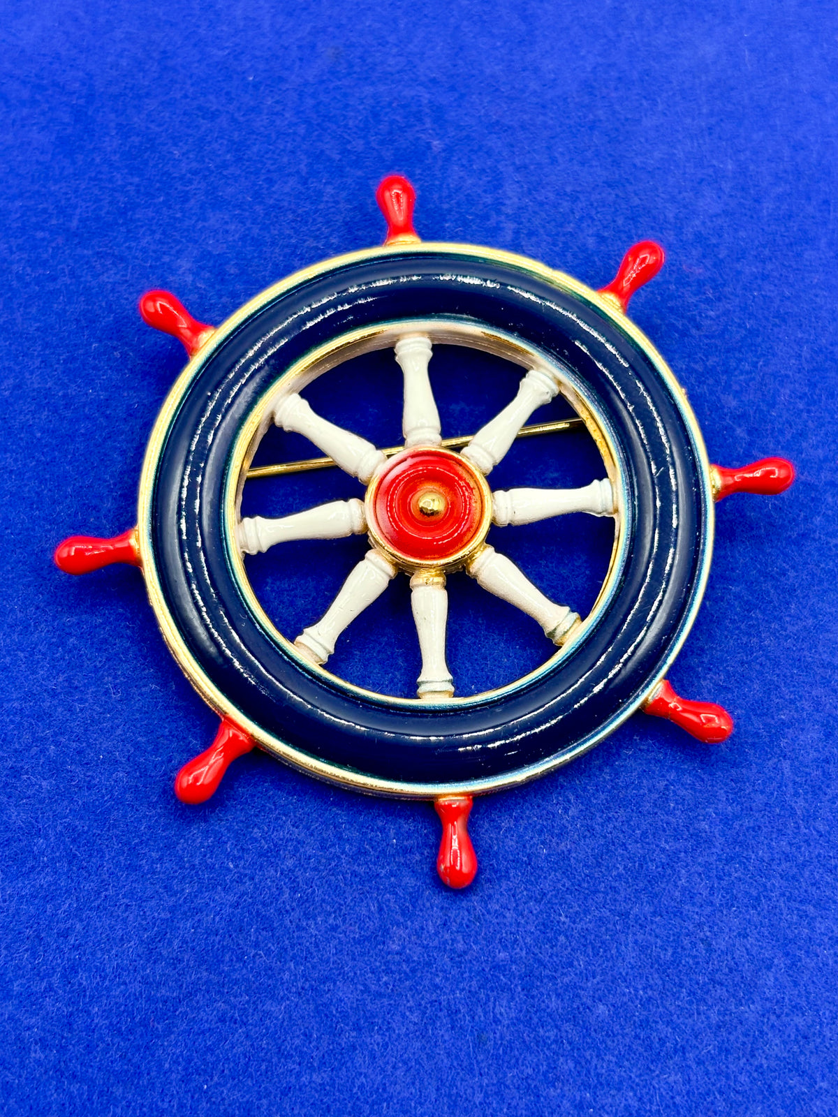 Vintage Red White & Blue Enamel Ships Wheel Gold Tone Brooch