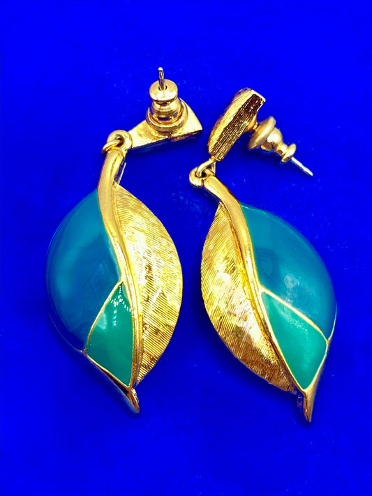 Vintage Gold Tone Trifari Green Enameled Earrings