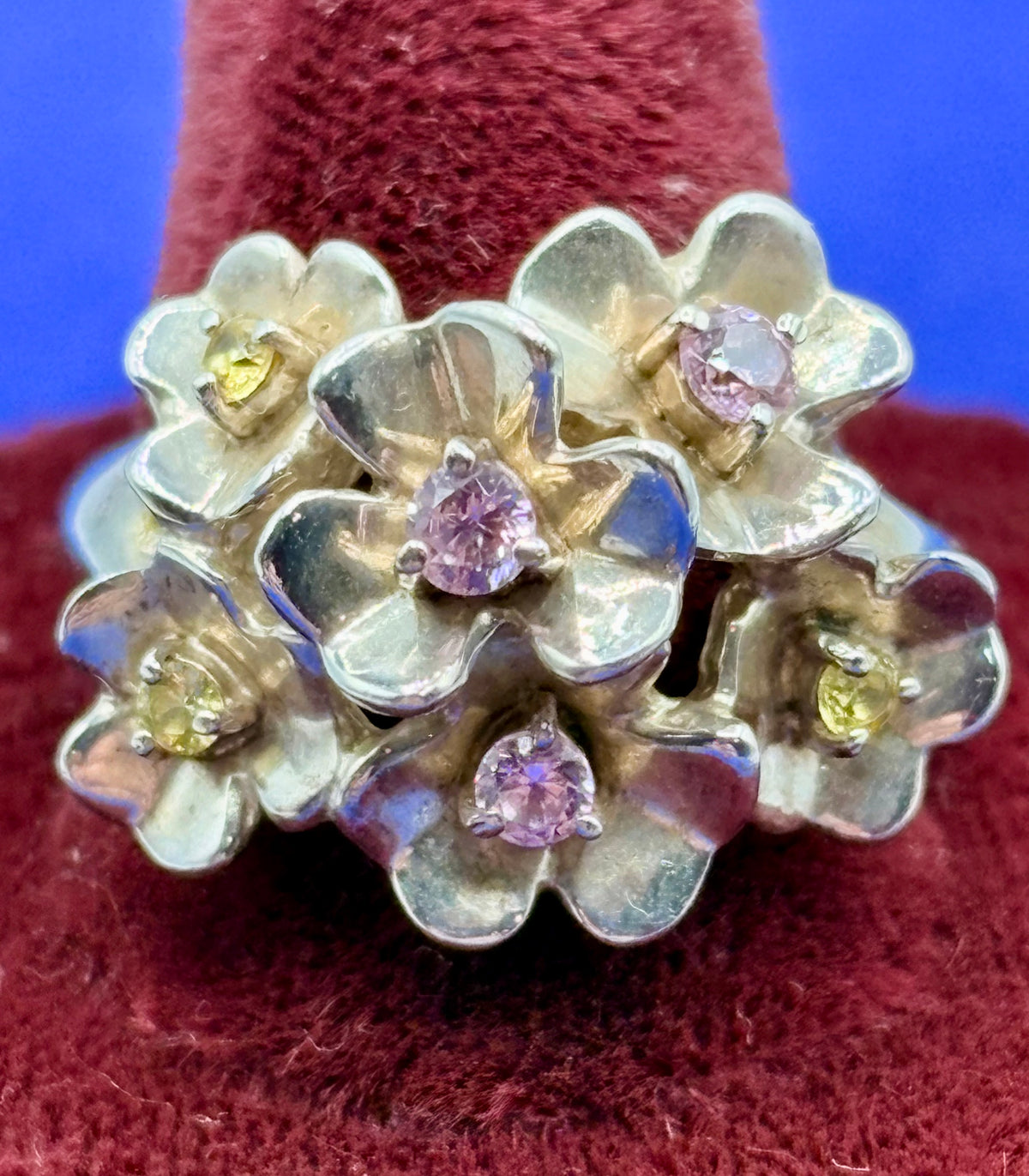 Vintage DQ Sterling Silver CZ Pink & Yellow Floral Ring