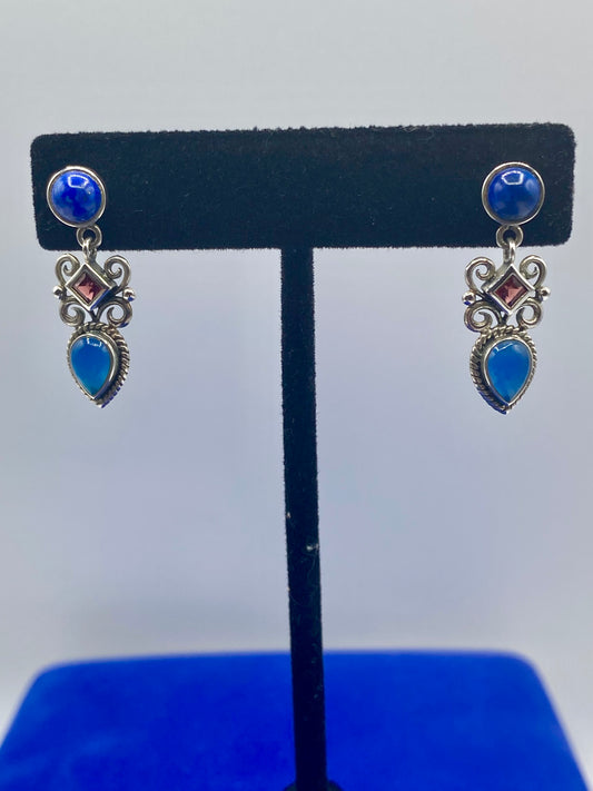 Sterling Silver LT Lapis Chalcedony & Garnet Earrings