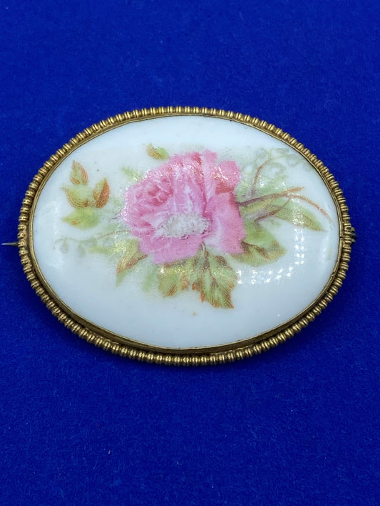Vintage Porcelain Painted Floral Brooch