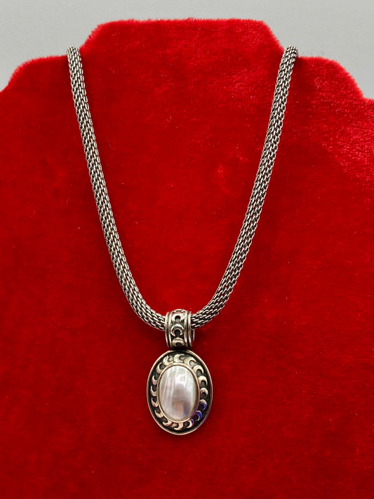 Sterling Silver Mother of Pearl Carved Moons Bezel Necklace