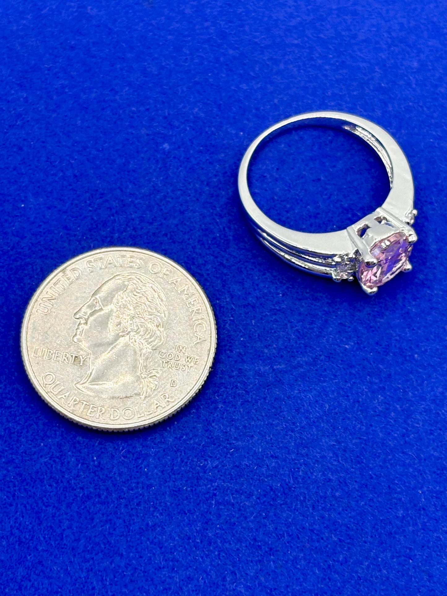 Pink & Clear Glass Silver Tone Costume Ring