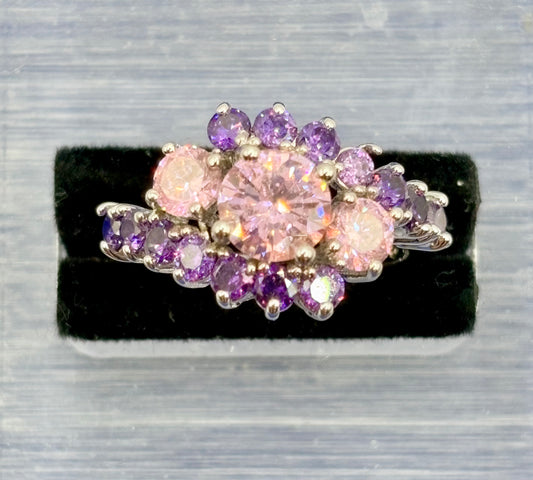 Pink & Purple Glass Silver Tone Costume Ring