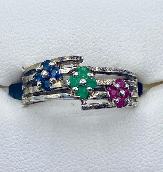 Sterling Silver Emerald Ruby & Sapphire Ring