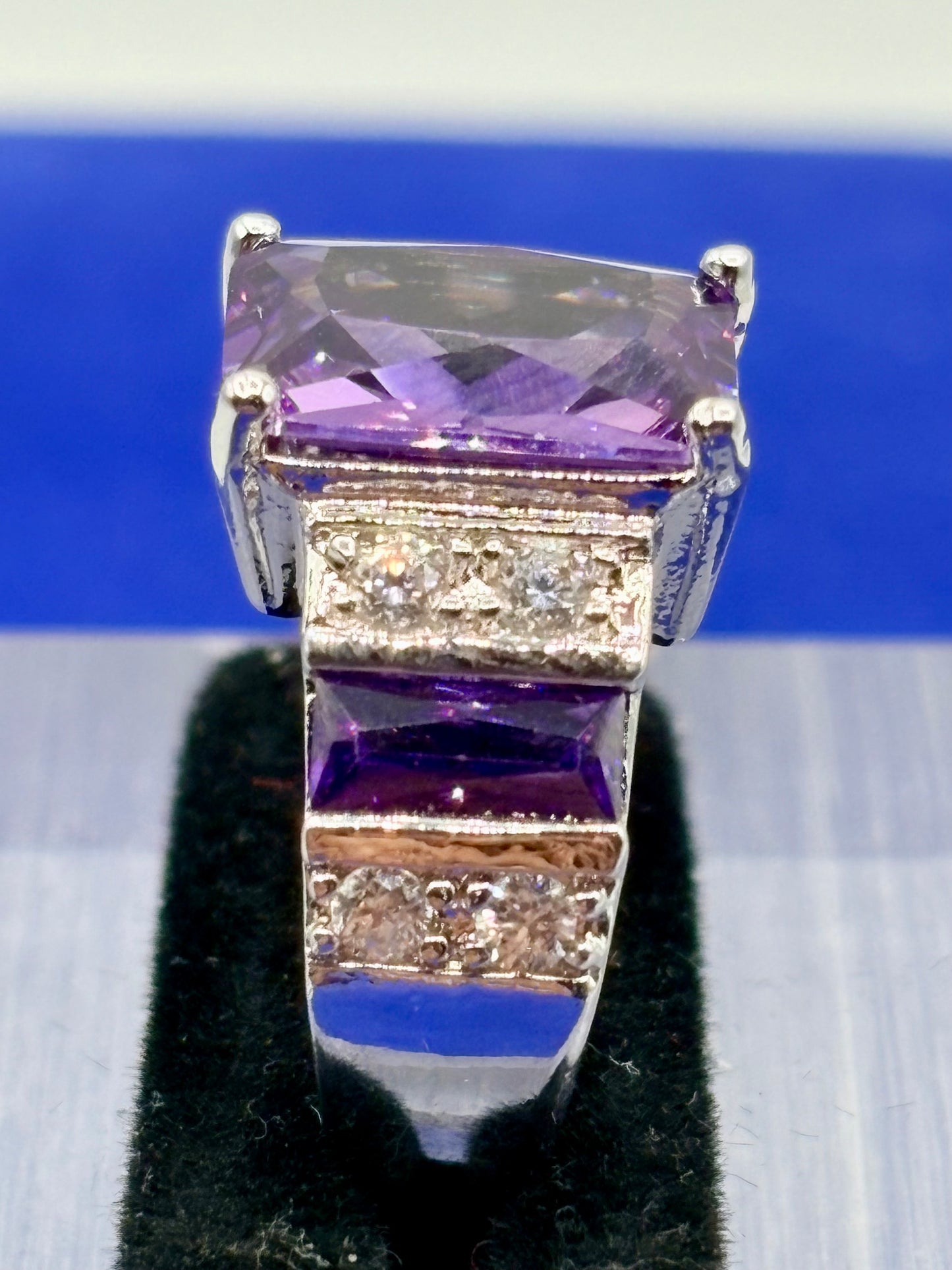 Purple & Clear Glass Silver Tone Costume Ring
