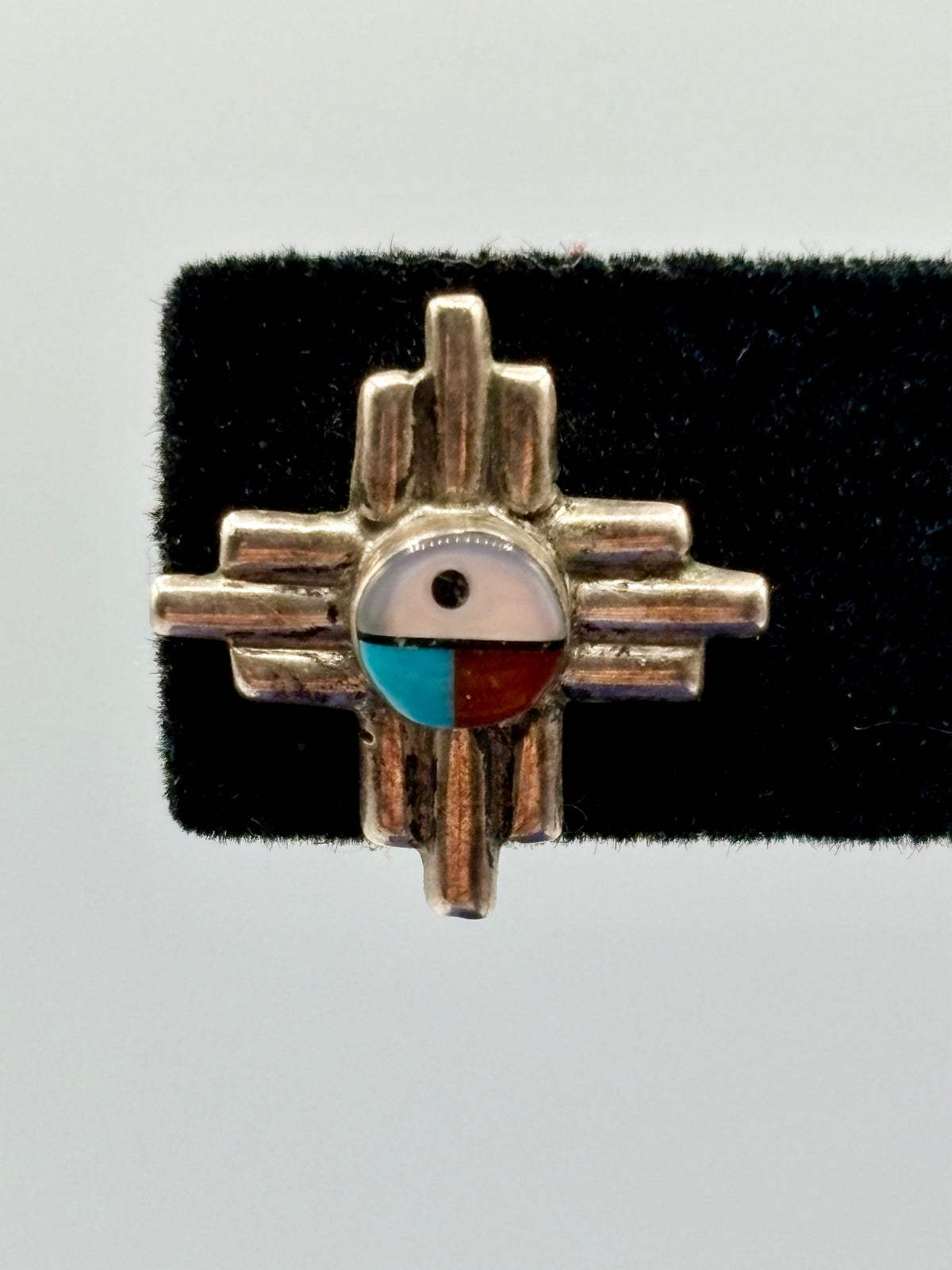 Sterling Silver Zuni Turquoise Coral & MOP Inlay Stud Earrings