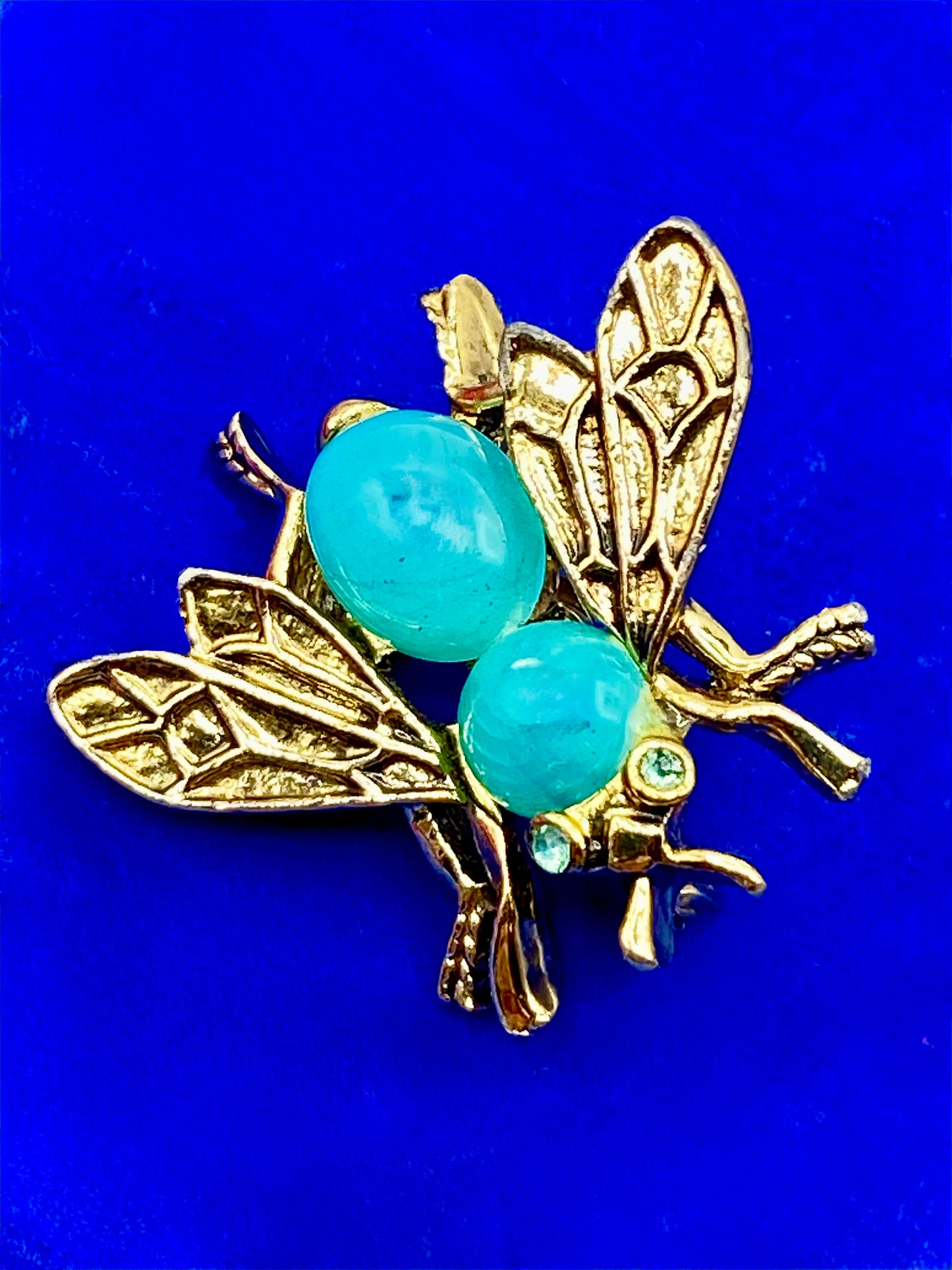Blue Cabochon & Gold Tone Bug Brooch