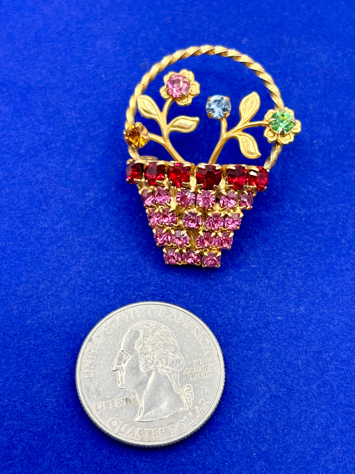 Vintage Rhinestone Flower Basket Brooch w/ Uranium Glass Stone
