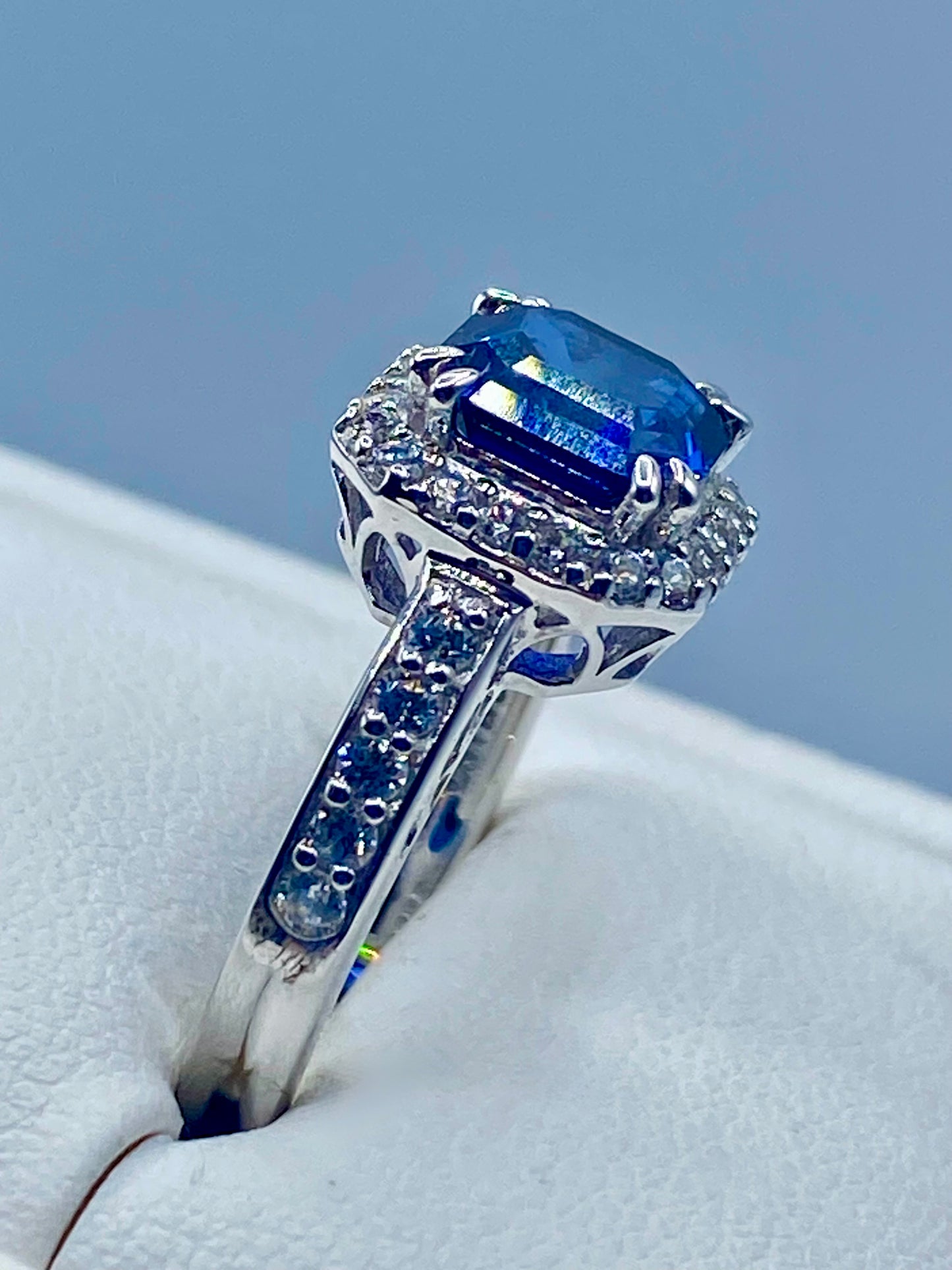 Sterling Silver Dark Blue Square Sapphire & CZ Ring