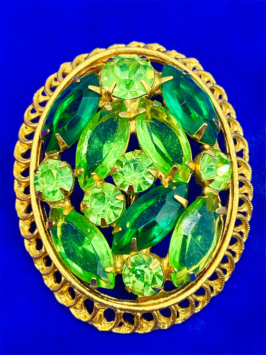 Vintage Uranium Glass & Rhinestone Gold Tone Brooch