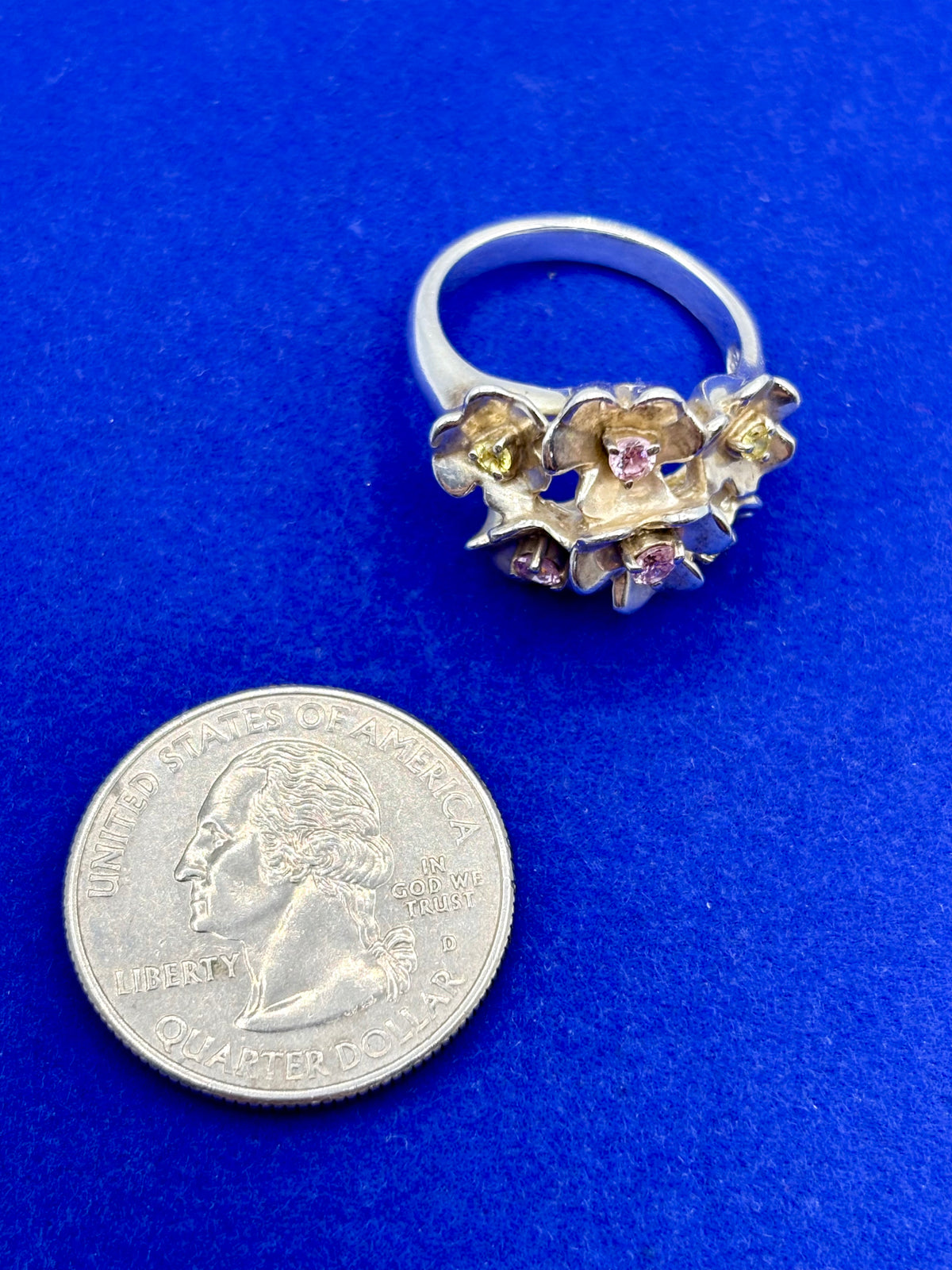 Vintage DQ Sterling Silver CZ Pink & Yellow Floral Ring