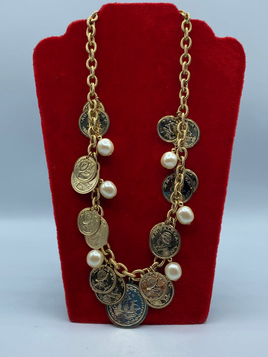 Gold Tone Coin & Pearl Necklace