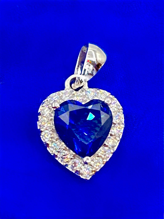 Sterling Silver Dark Blue Sapphire & CZ Dainty Heart Pendant