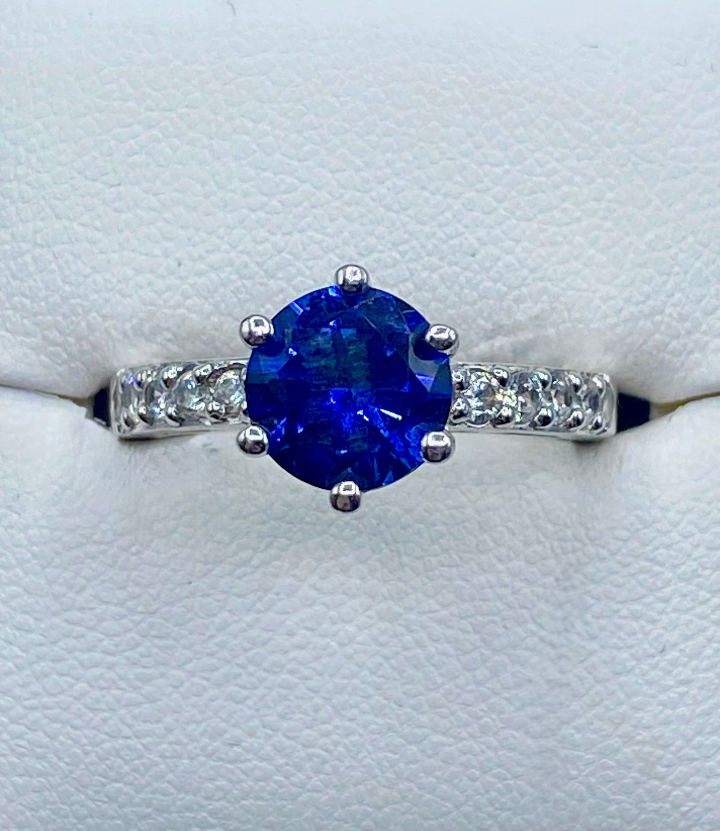 Sterling Silver Dark Blue Round Sapphire & CZ Ring