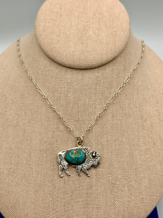 Sterling Silver Southwestern Tatonka Turquoise Buffalo Necklace