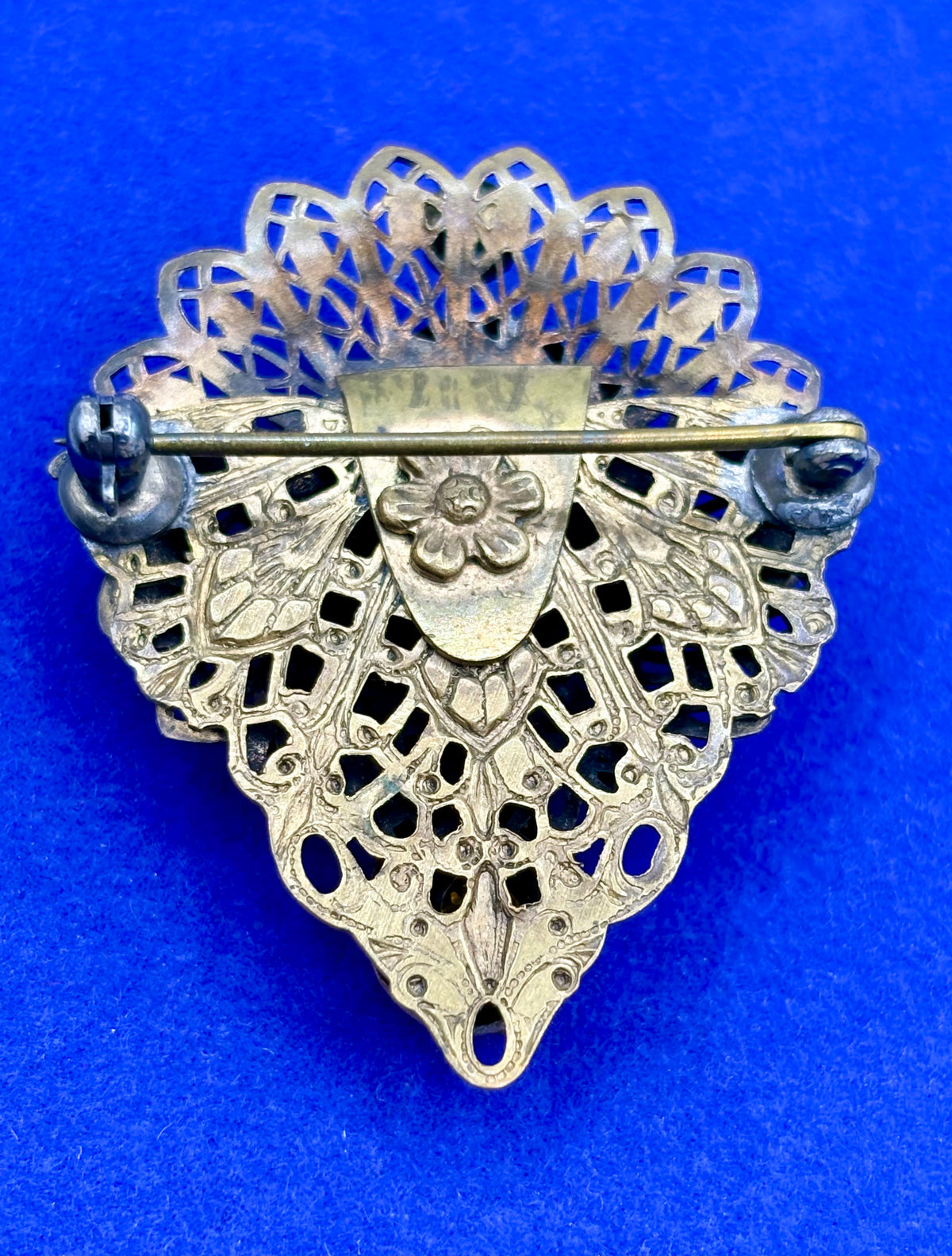 Antique Yellow Glass Filigree Brooch (Glows)